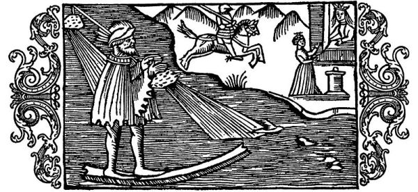 El dios del invierno Ullr en su hueso de surfing.Olaus Magnus, 1555