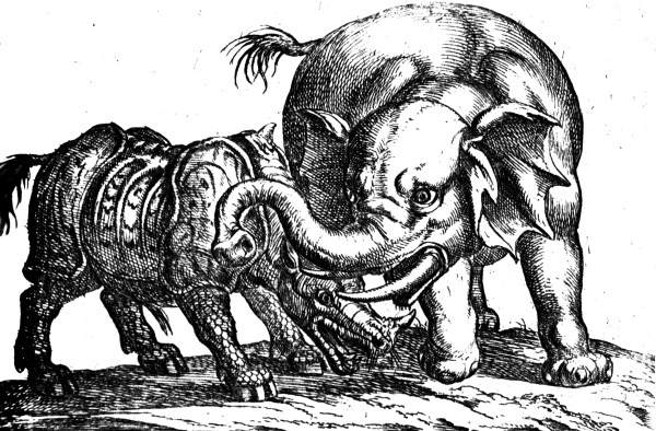 Antonio Tempesta.Lucha del rinoceronte y el elefante 1605. Fuente T.H.Clarke
