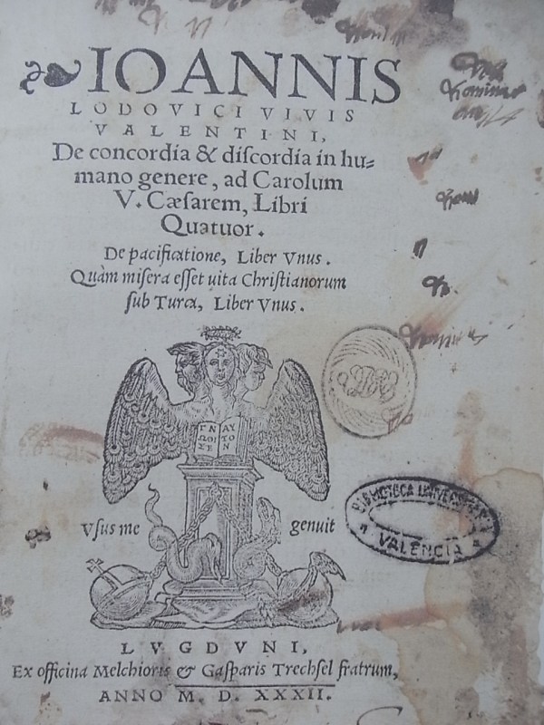 Portada de De concordia et discordia in humano genere. Juan Luis Vives. Leyden 1532