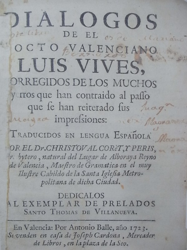 Portada de los Dialogos de Vives. Valencia 1731.