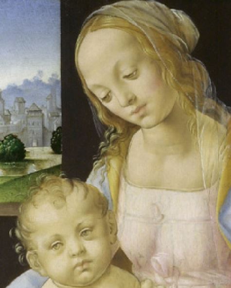 Lorenzo di Credi. Madonna e bambino Gesu. Detalle