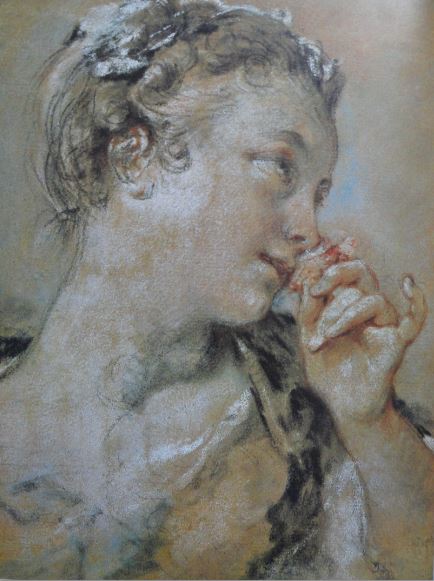 La joven de la rosa. Piedra negra, sanguina y pastel sobre papel marrón. 1747. François Boucher. Hermitage.