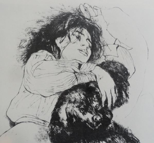 La joven y su perro. Pincel y tinta china. Anna Salvatore. 1956.Hermitage.