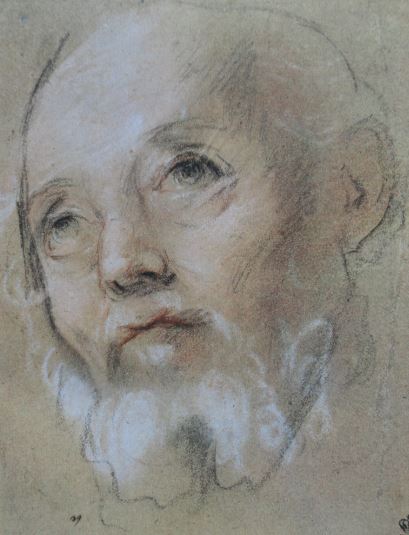 Retrato de anciano. Tiza negra y roja con pastel sobre papel con tonalidades verde grisaceas. Federico Barocci. s. XVI y XVII. Hermitage.