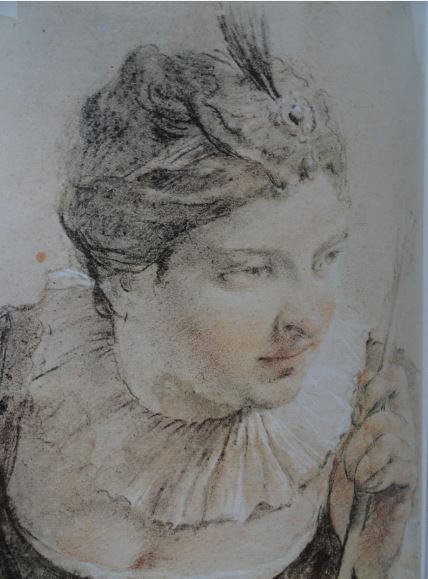 Retrato de una actriz en el papel de Diana. Piedra negra y blanca y sanguina. Giovanni Battista Piazzetta. siglo XVII. Hermitage.