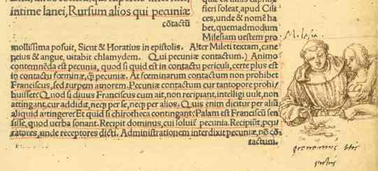 Viñeta de Holbein en el Elogio de la locura. El monje el dinero y la mujer