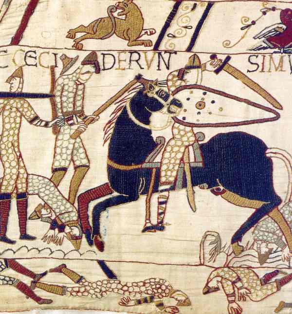 Caballero normando luchando contra infantes sajones armados con hachas. Tapiz de Bayeux