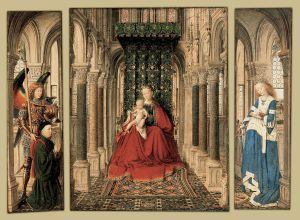 Jan van Eyck. Triptico de María y el niño con San Miguel y Santa Catalina