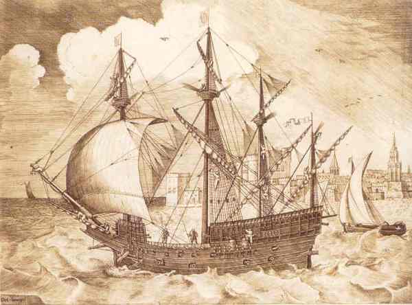 Navio zarpando. Grabado de Franz Huys basado en dibujo de Bruegel. Biblioteca Real de Bruselas