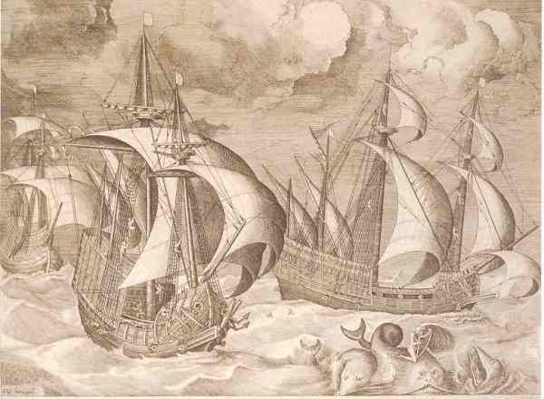 Tres carabelas. Grabado de Franz Huys basado en dibujo de Bruegel. Biblioteca Real de Bruselas.jpg