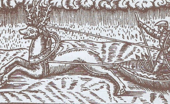 Xilograbado en Olaus Magnus Historia de Gentibus Septentrionalibus, Roma 1555. Trineo tirado por un reno.