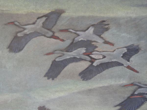 Bandada de cigüeñas. Detalle de un cuadro de Ernst Norlinds. Foto R.Puig