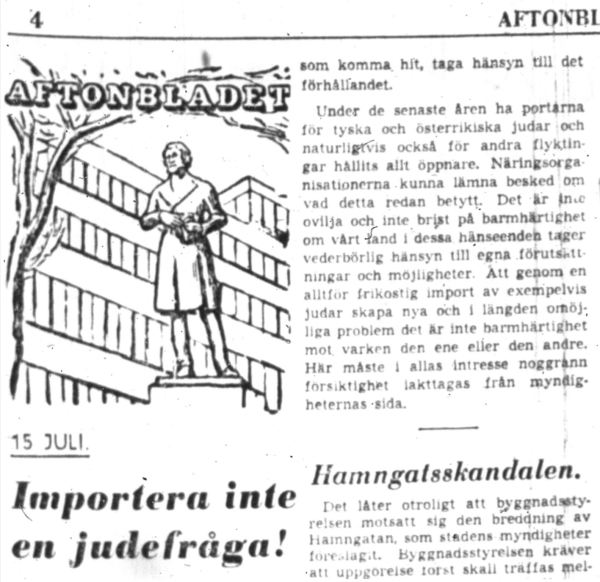 No importemos la cuestión judía. Aftonbladet 15 julio 1938