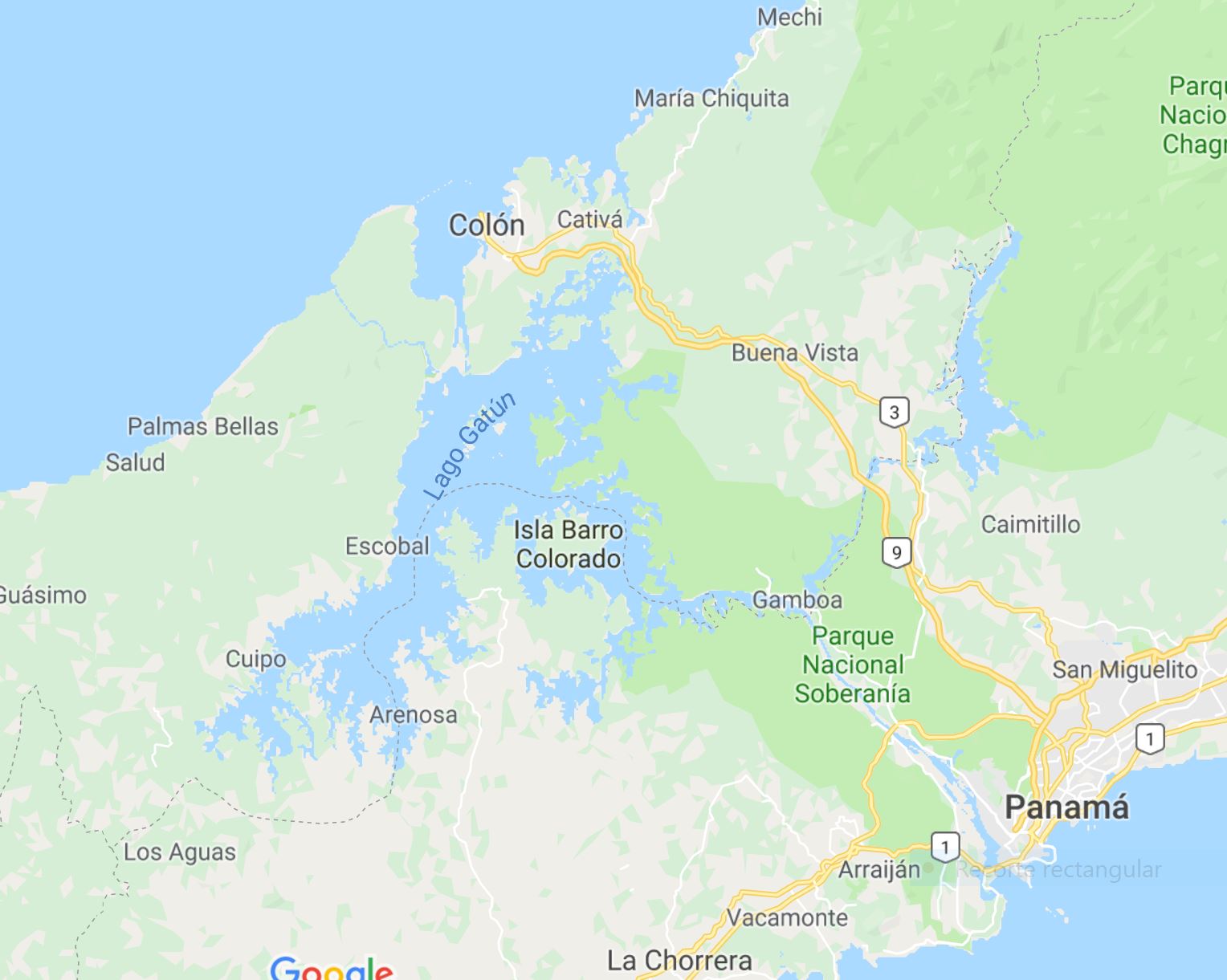 Localización de la represa de Gamboa. google maps