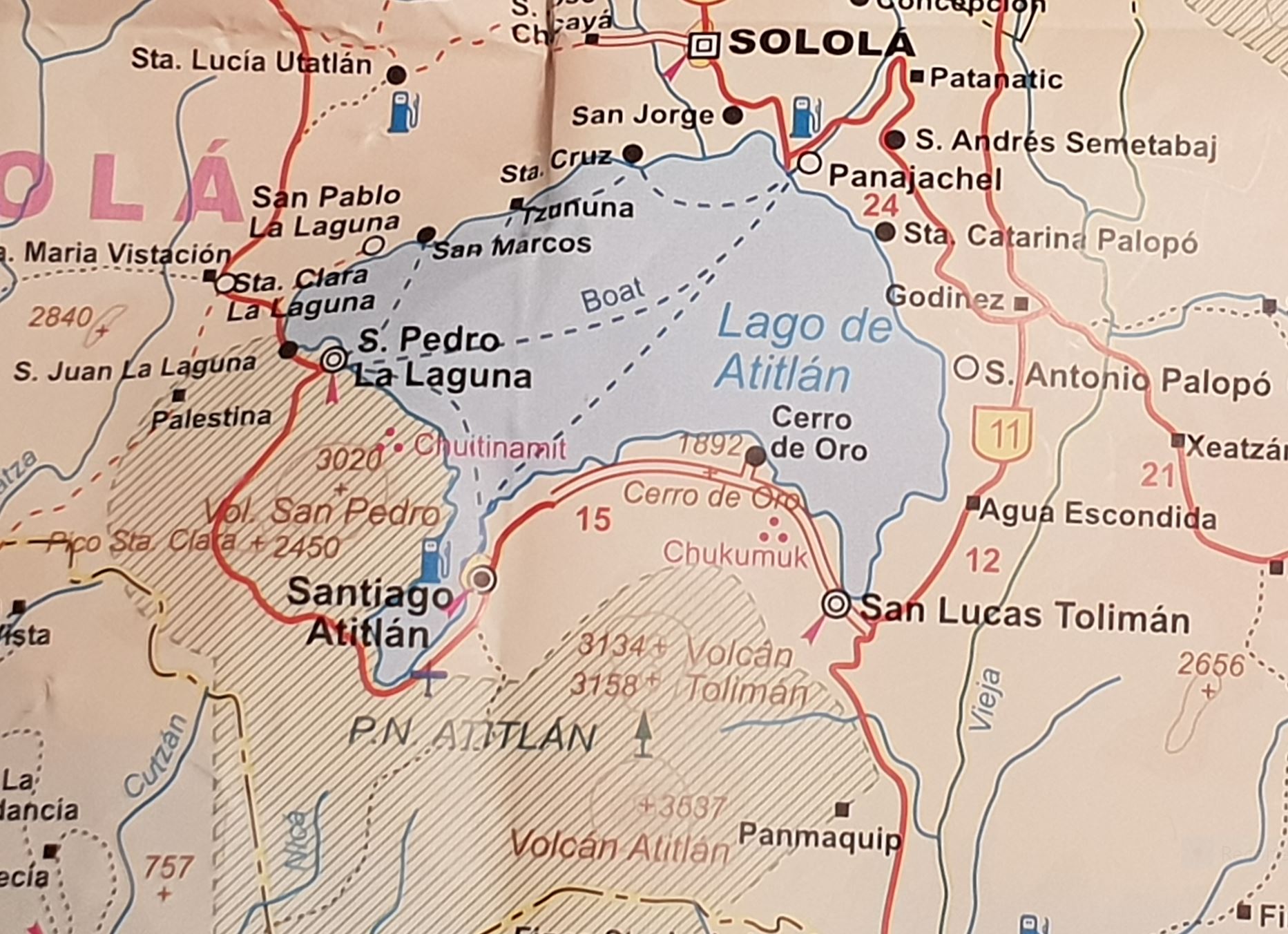 Mapa del lago Atitlán. Guatemala