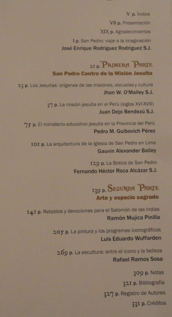 Indice del libro San Pedro de Lima. Iglesia del antiguo Colegio Máximo de San Pablo. Banco de Crédito del Perú. Lima 2018.