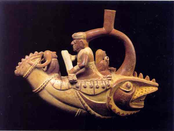 Navegante sobre caballito de totora. Cultura mochica. Lima, Museo del Banco Central de Reserva