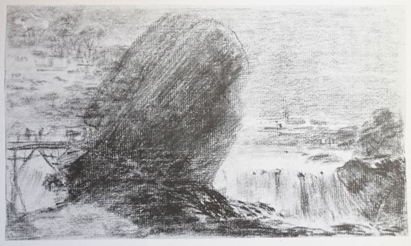 Goya. Paisaje con cascada. Dibujo (original a sanguina). Fecha incierta anterior a 1818