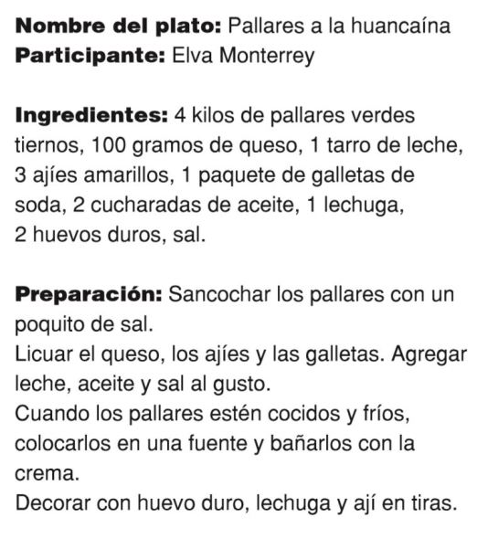 Pallares a la huancaina de Elva Monterrey.Receta. Fuente op. cit.pag.