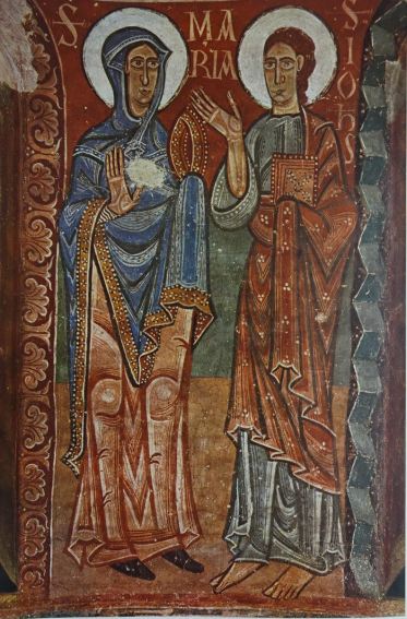 La Virgen y San Juan. Fresco del ábside de Pedro en la Seo de Urgel. s.XII. Museo de Arte de Cataluña.